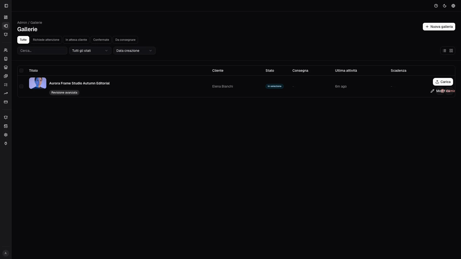 La vista lista mantiene stato, contesto cliente e azioni operative allineati per il triage veloce.