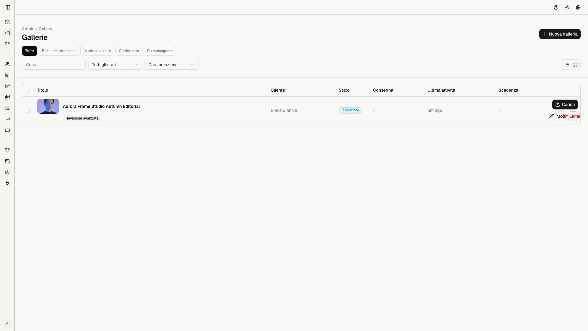 La vista lista mantiene stato, contesto cliente e azioni operative allineati per il triage veloce.