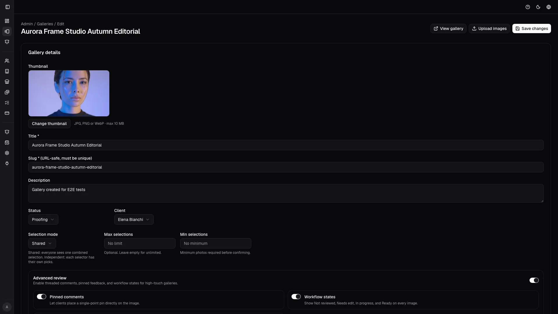 Edit mode keeps gallery configuration and operational actions in one place before invites are sent.