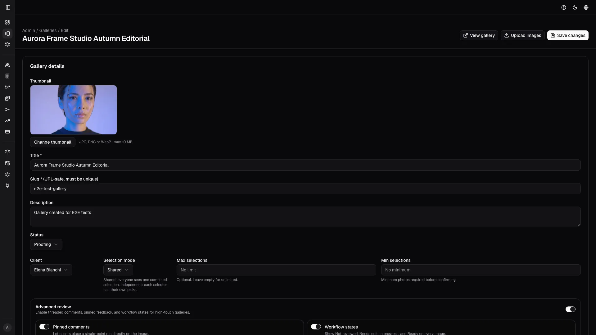 Edit mode keeps gallery configuration and operational actions in one place before invites are sent.