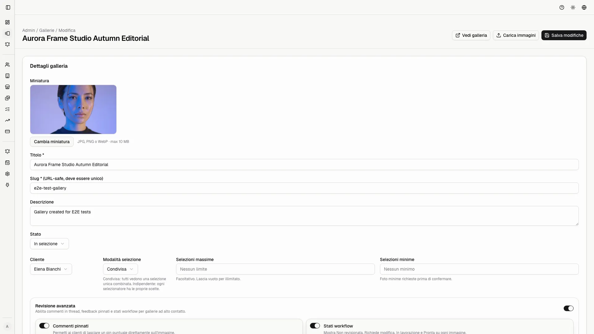 La modalita modifica tiene insieme configurazione e azioni operative prima di inviare gli inviti.