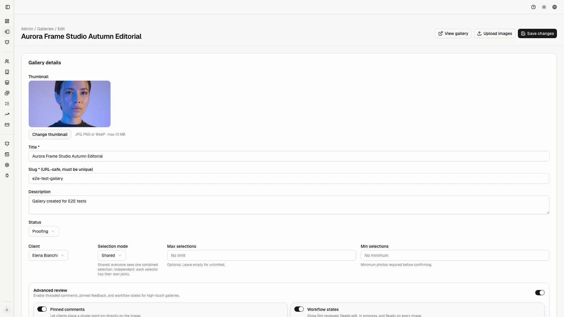 Edit mode keeps gallery configuration and operational actions in one place before invites are sent.