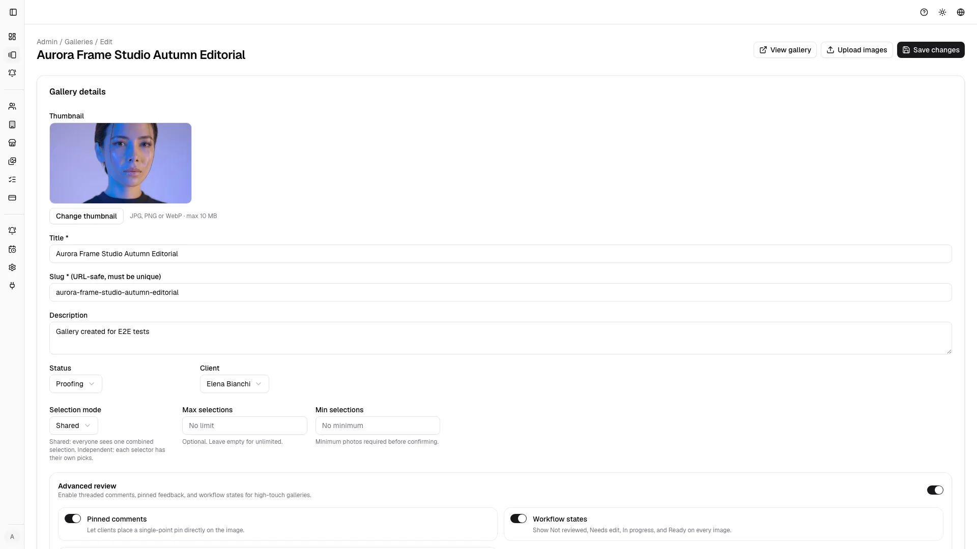 Edit mode keeps gallery configuration and operational actions in one place before invites are sent.