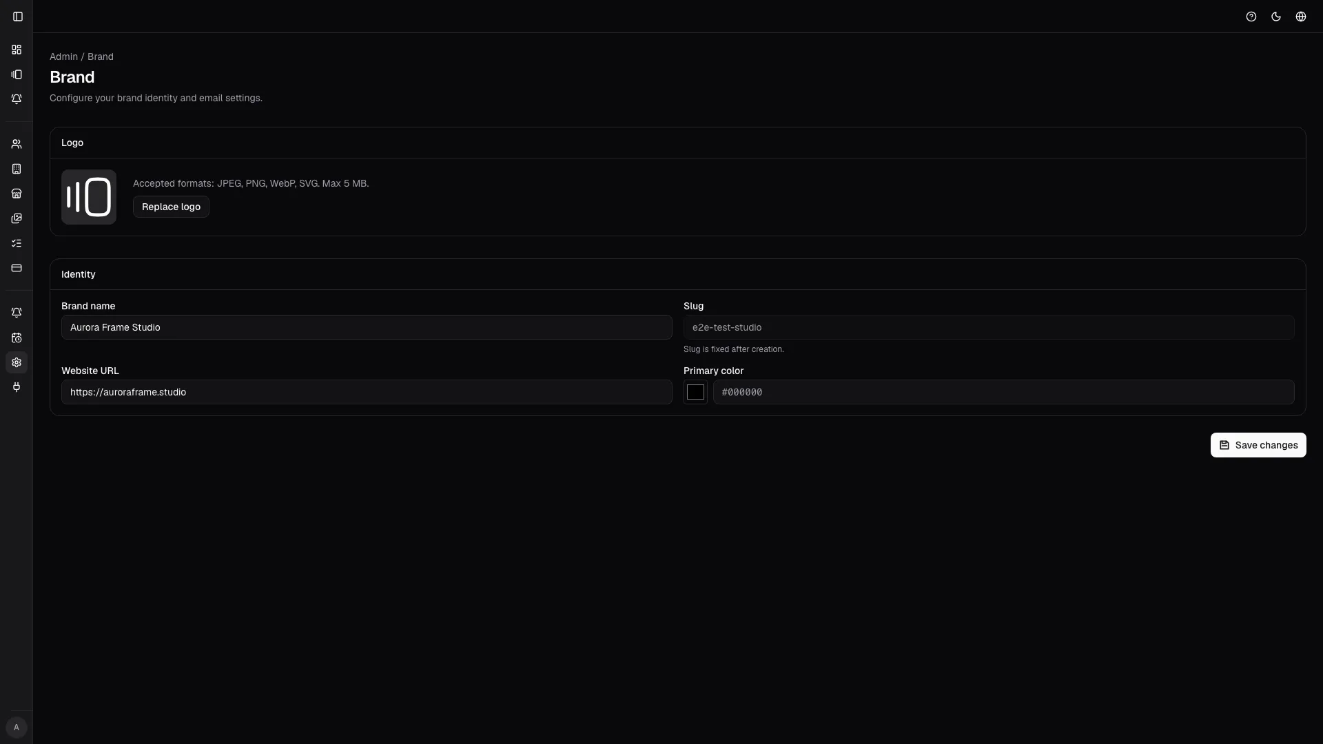 Brand settings keep studio identity consistent across internal workflows and client-facing pages.