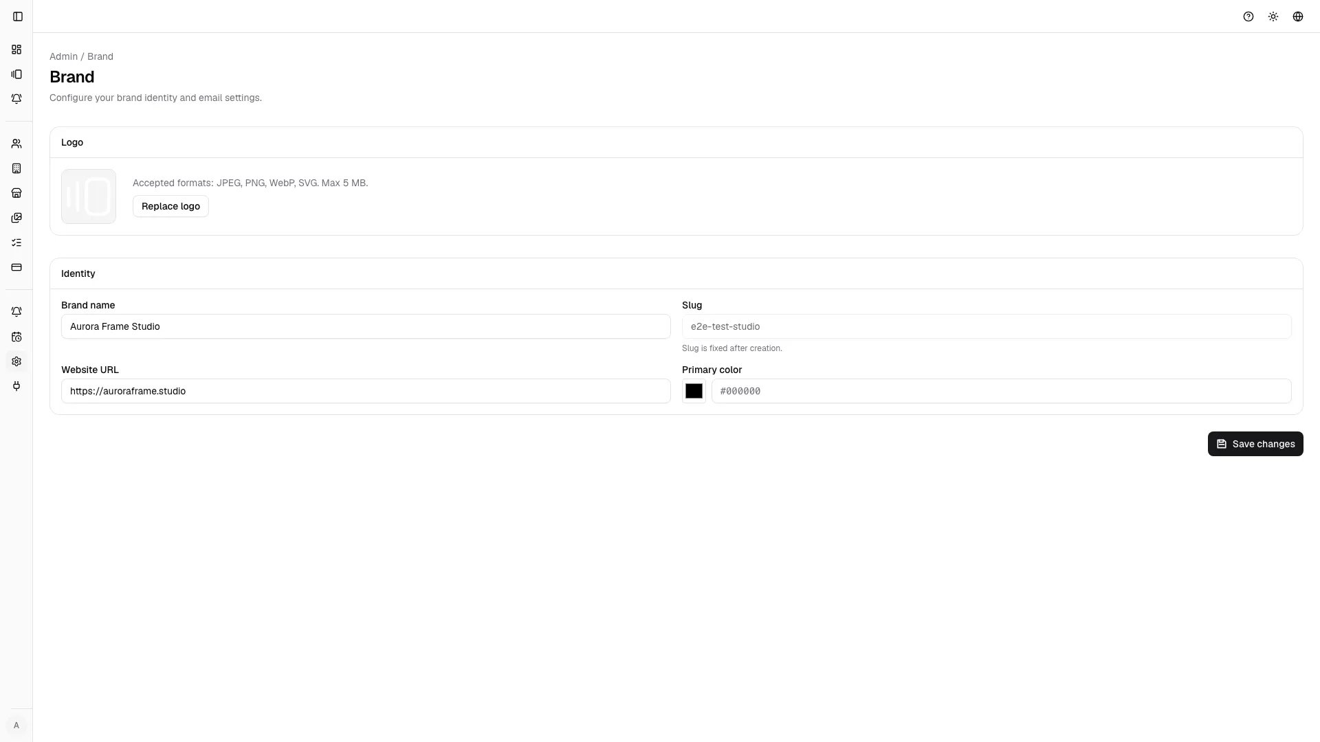 Brand settings keep studio identity consistent across internal workflows and client-facing pages.