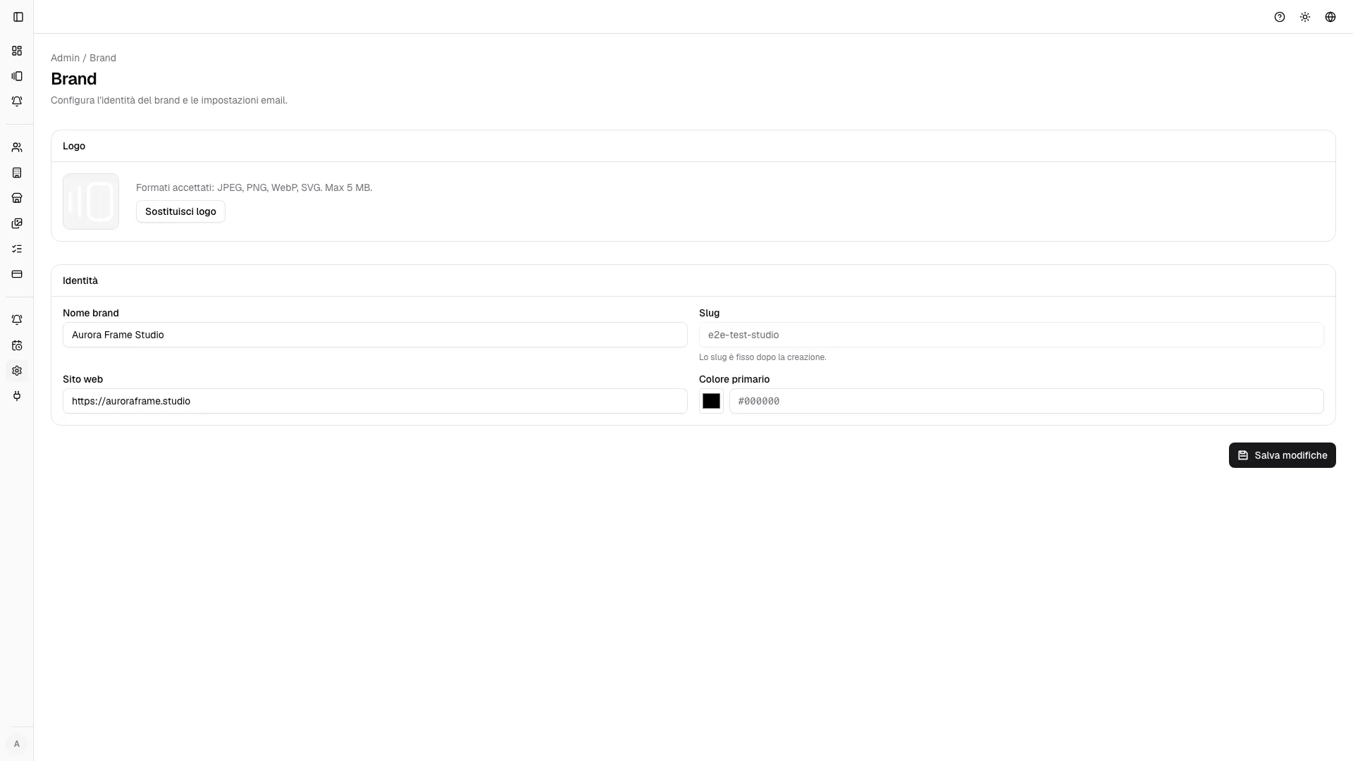 Le impostazioni brand mantengono identita studio coerente tra area operativa e pagine cliente.