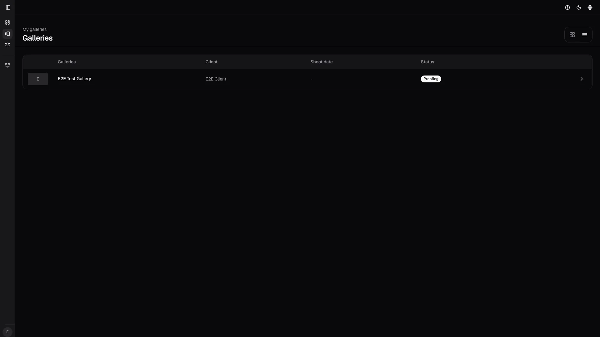 List view keeps status, client context, and shoot date aligned for fast scanning.