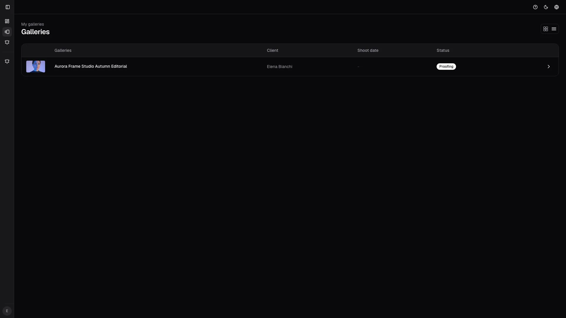 List view keeps status, client context, and shoot date aligned for fast scanning.