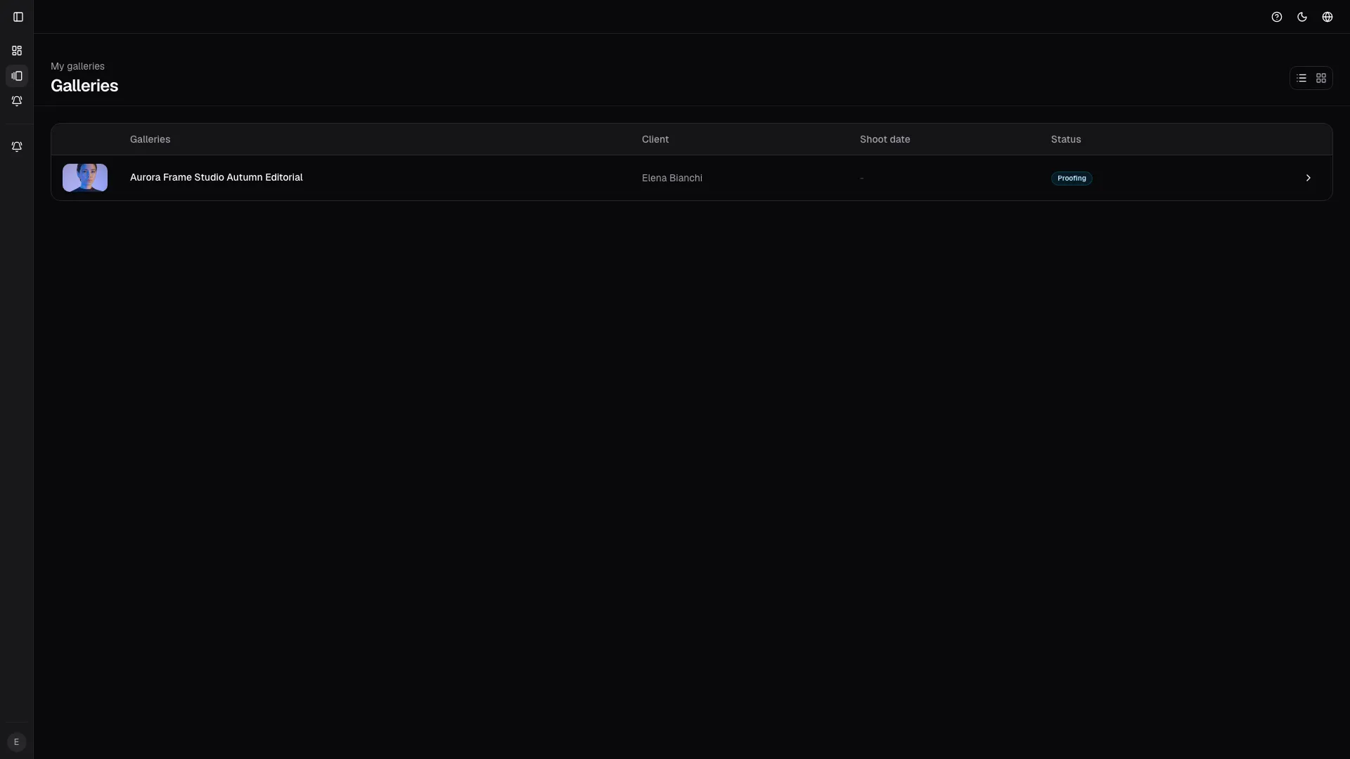 List view keeps status, client context, and shoot date aligned for fast scanning.