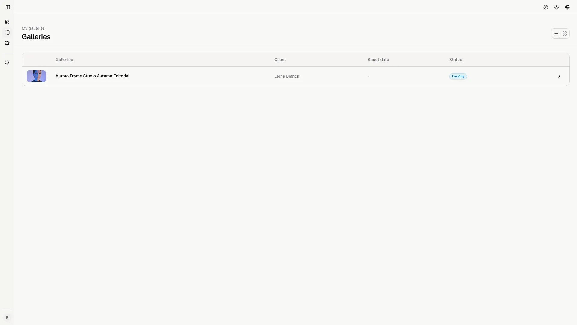 List view keeps status, client context, and shoot date aligned for fast scanning.