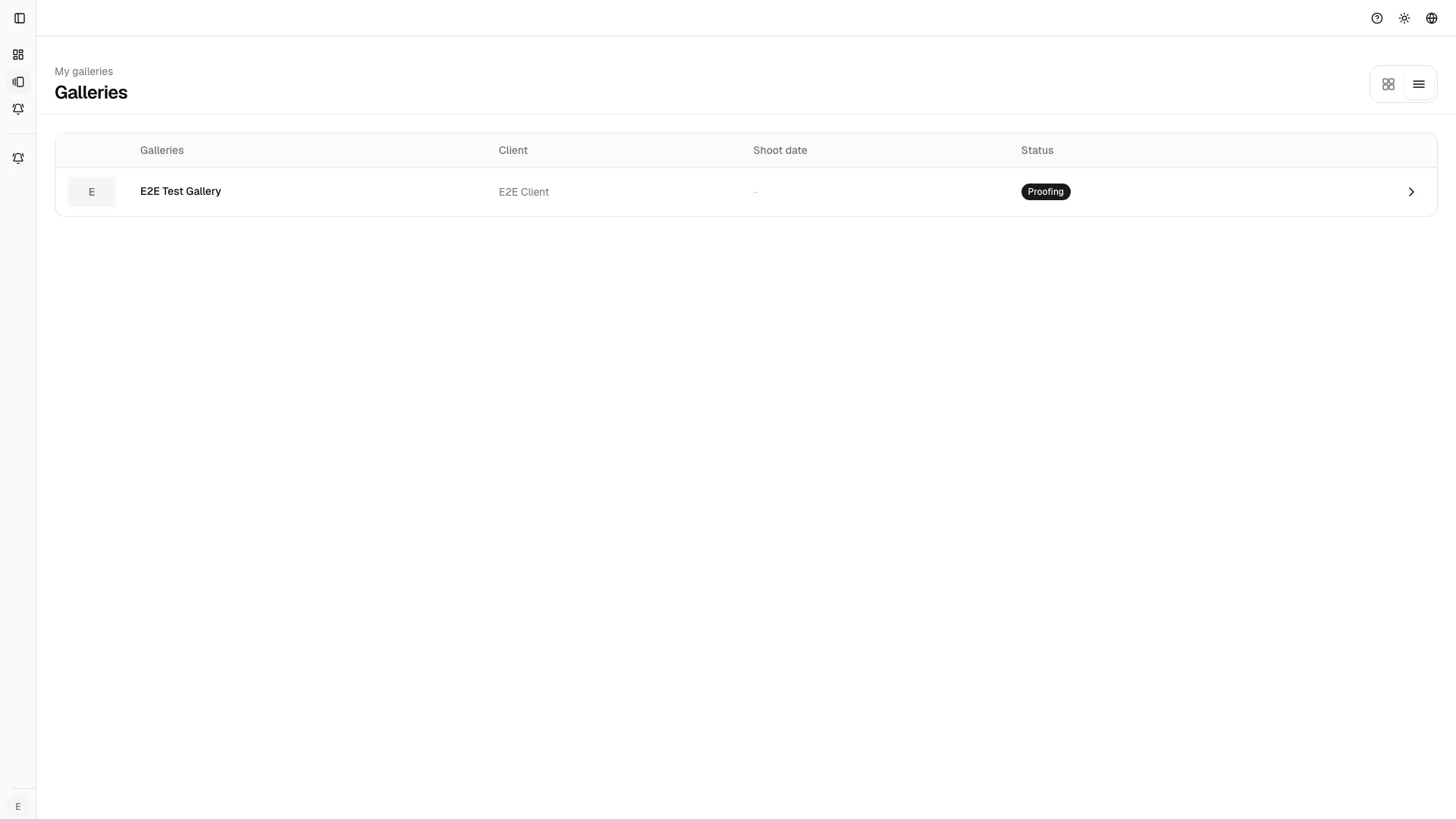 List view keeps status, client context, and shoot date aligned for fast scanning.