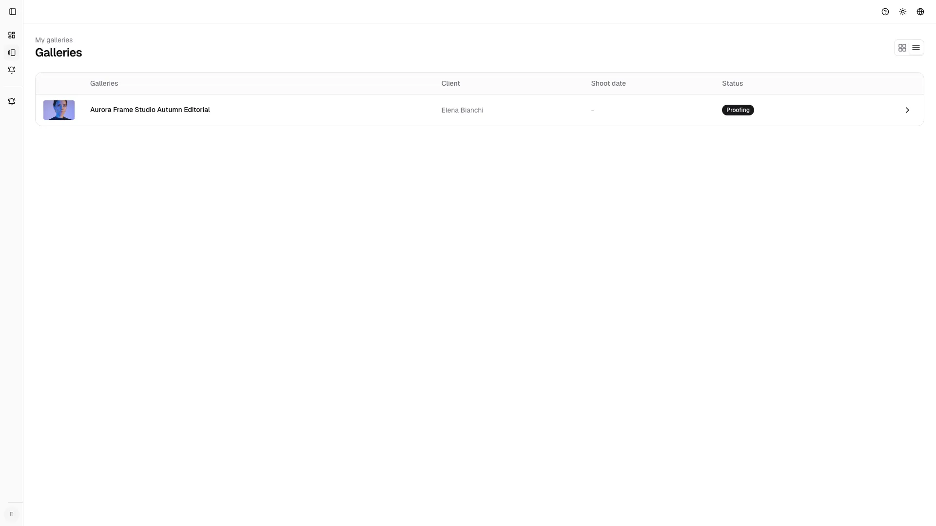 List view keeps status, client context, and shoot date aligned for fast scanning.