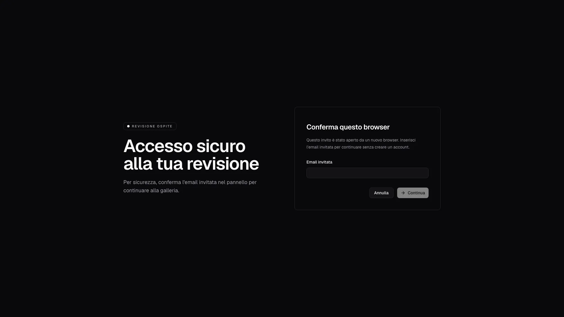 La revisione ospite mostra verifica, stato dell'accesso e prossima azione prima di entrare nella galleria.
