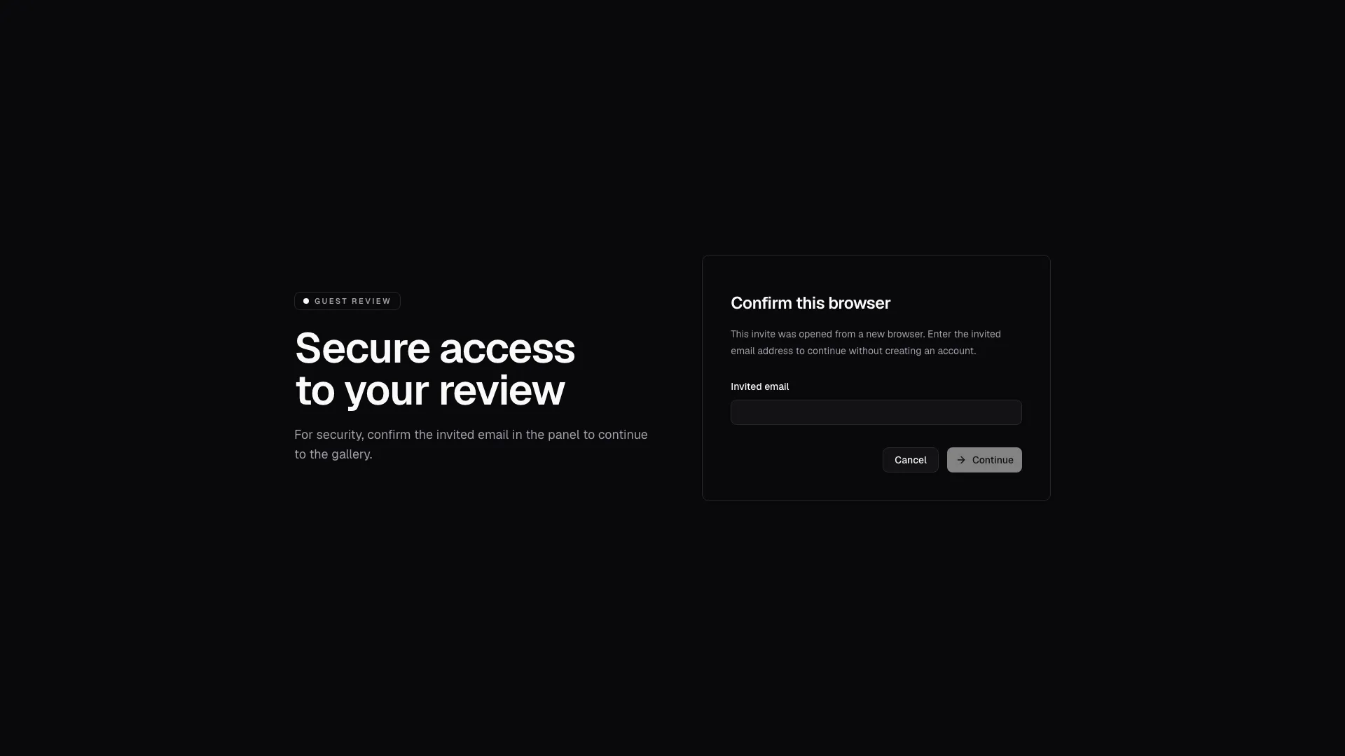 Guest review opens with verification, access status, and the next action clearly presented before the gallery opens.