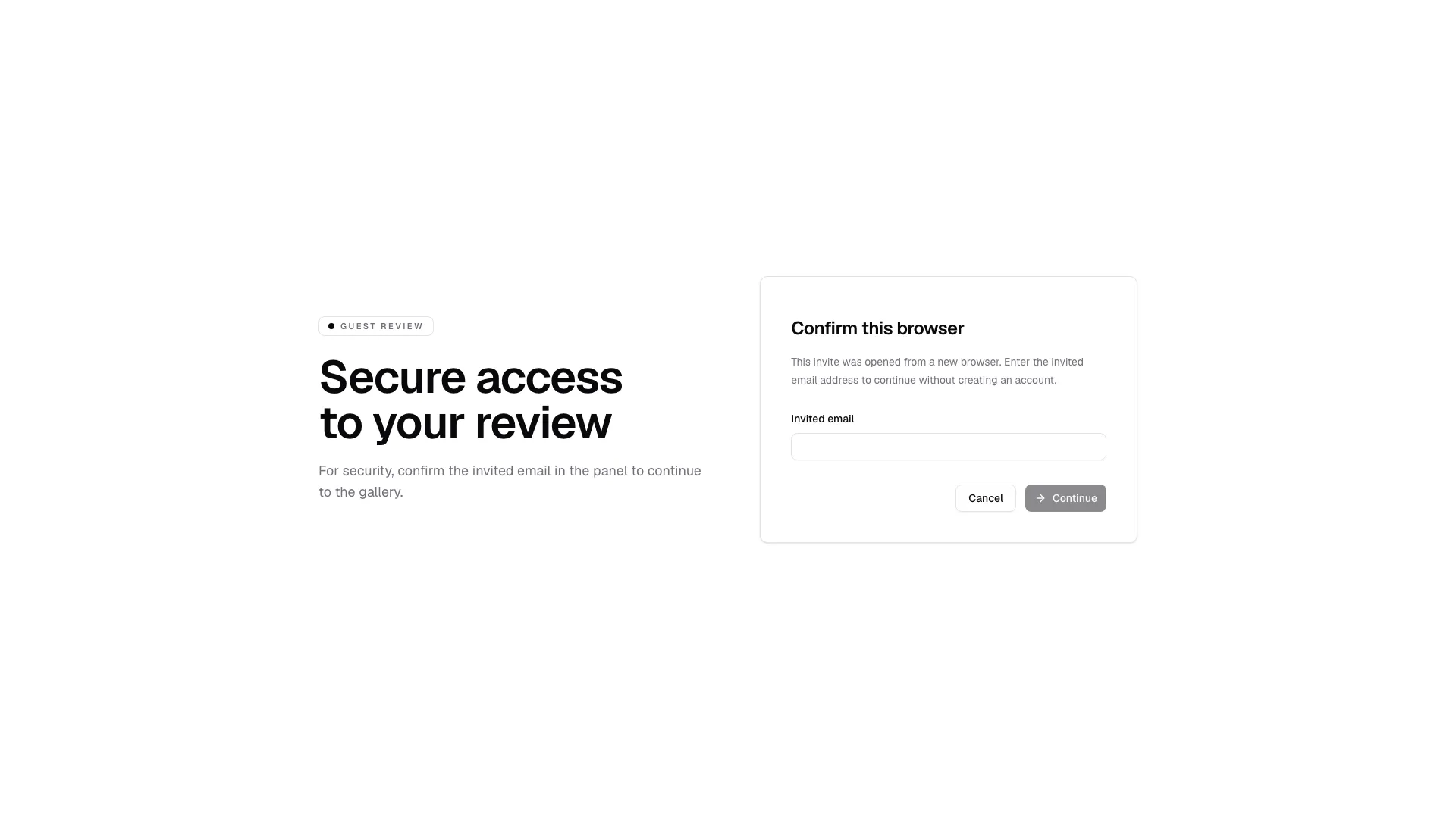 Guest review opens with verification, access status, and the next action clearly presented before the gallery opens.