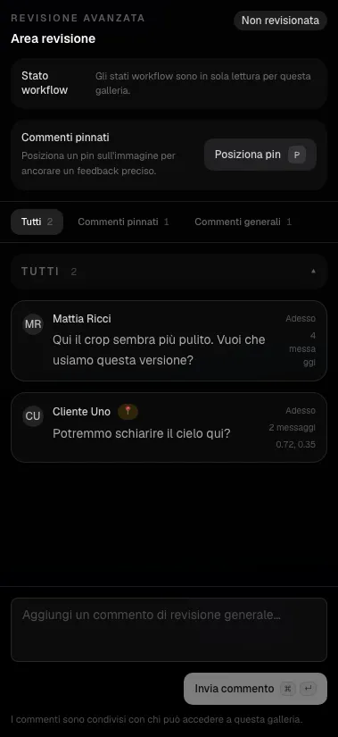Questa vista salta direttamente al pannello di review avanzata per mostrare stato workflow, pin e composer nello stesso screenshot.