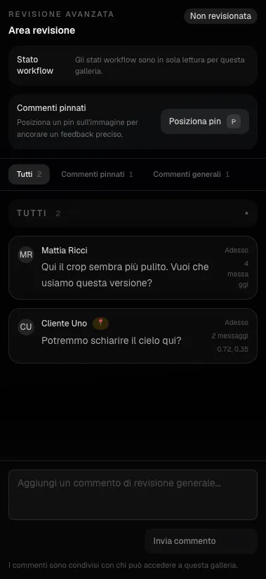 Questa vista salta direttamente al pannello di review avanzata per mostrare stato workflow, pin e composer nello stesso screenshot.