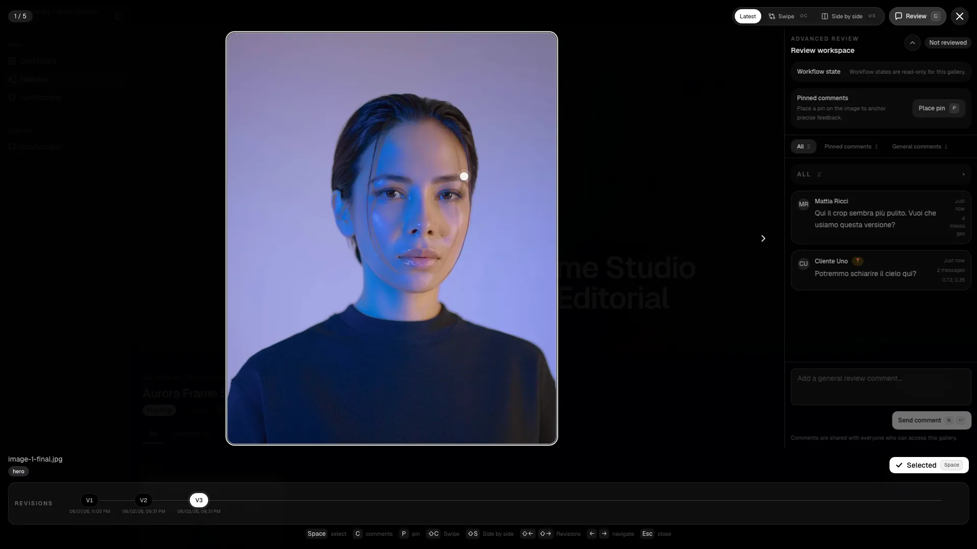 Advanced review opens directly on the image, shows the workflow state, and keeps general and pinned comments in the same workspace.
