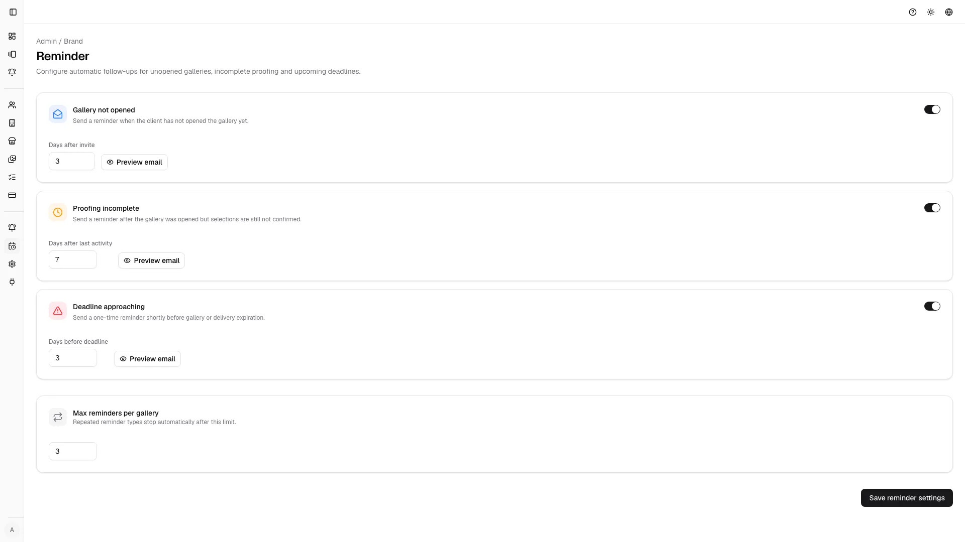 Reminder settings align automation timing with gallery lifecycle, reducing manual follow-up work.