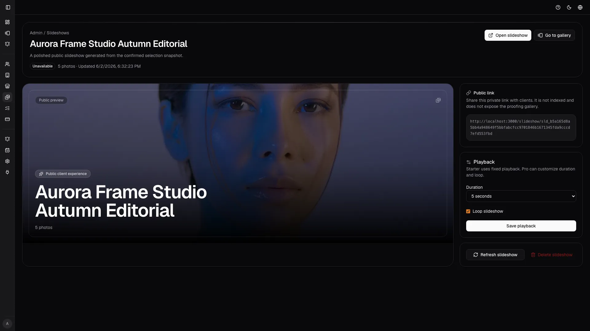 The slideshow detail page controls playback behavior, publishing state, and public link lifecycle.