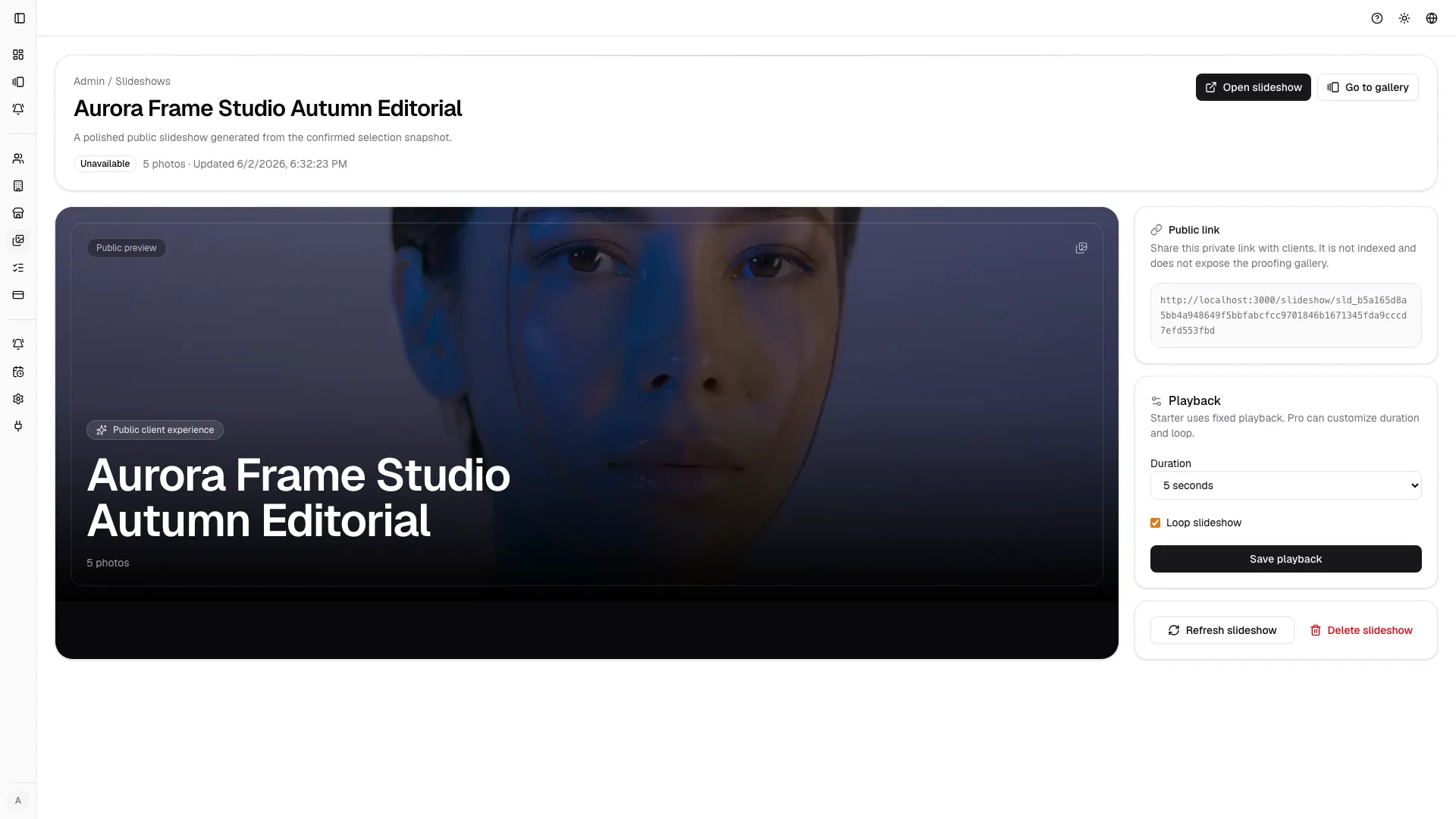 The slideshow detail page controls playback behavior, publishing state, and public link lifecycle.