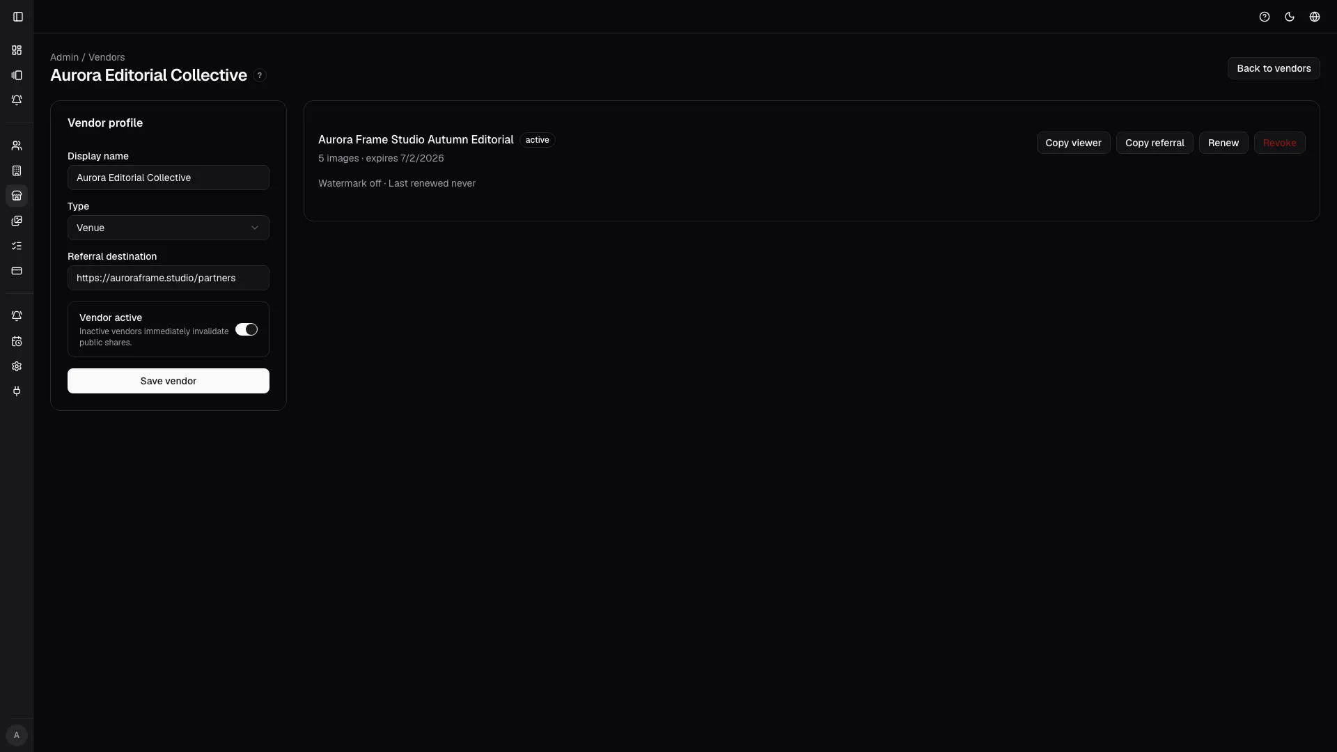 Vendor detail centralizes referral links, status, and lifecycle actions for each partner.