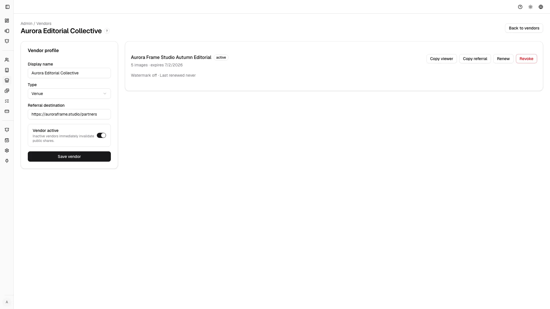 Vendor detail centralizes referral links, status, and lifecycle actions for each partner.