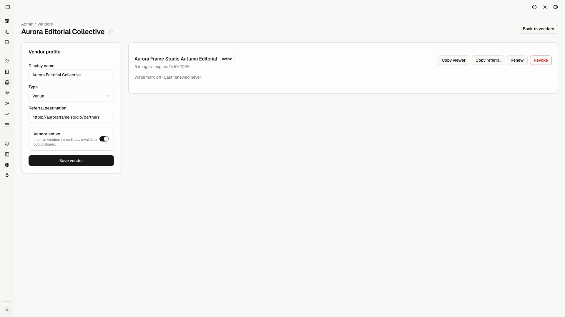 Vendor detail centralizes referral links, status, and lifecycle actions for each partner.