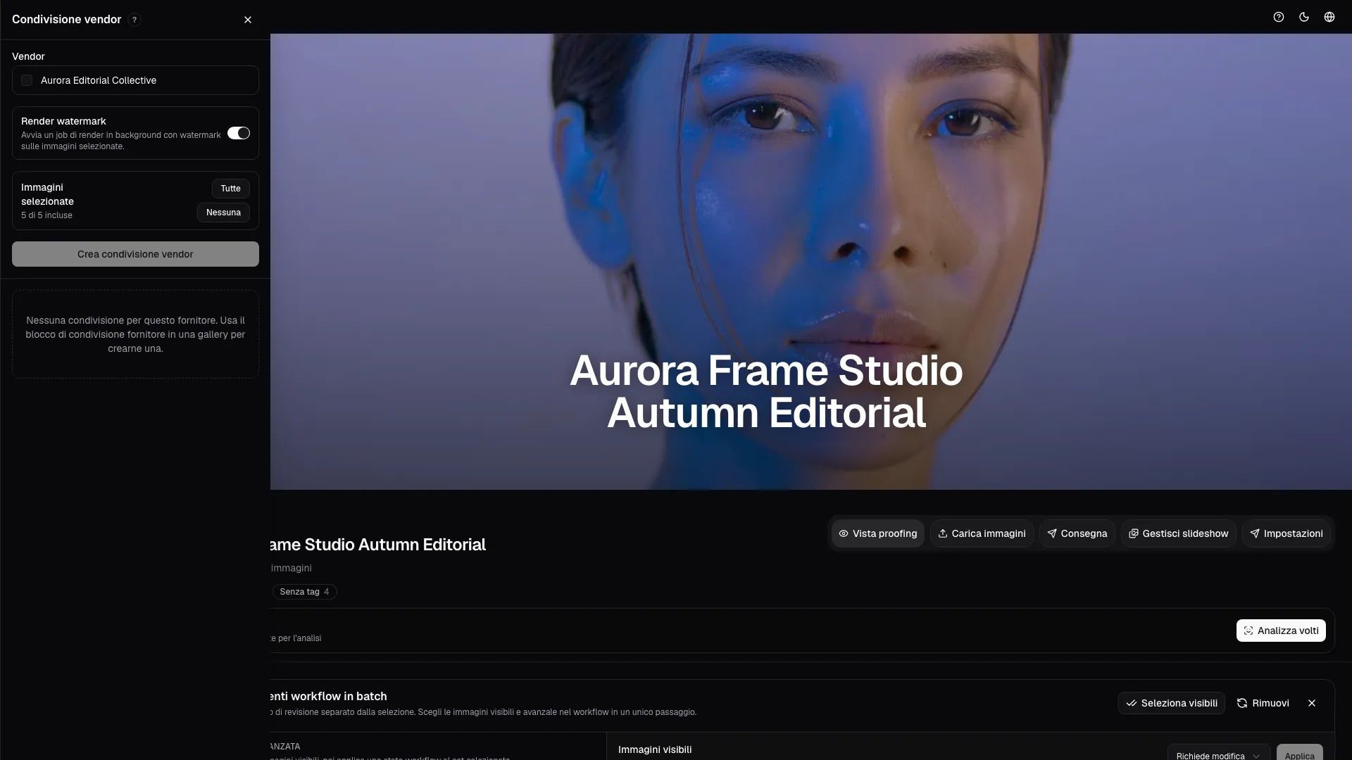 Il pannello laterale consente di selezionare vendor, scope immagini, watermark e azioni su share attive come refresh o revoca.