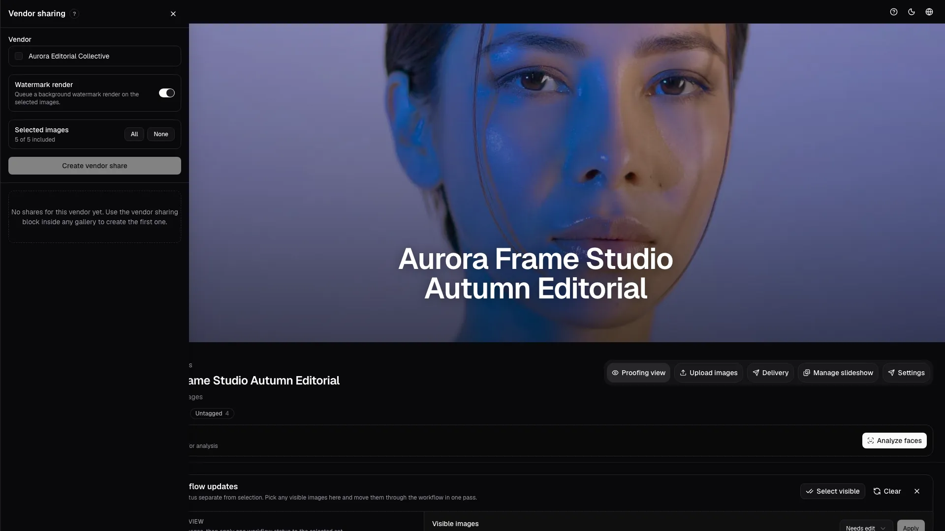 The side panel lets the studio pick vendors, choose image scope, manage watermark behavior, and refresh or revoke active shares.