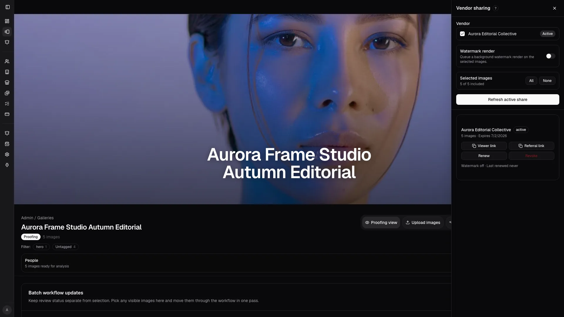 The side panel lets the studio pick vendors, choose image scope, manage watermark behavior, and refresh or revoke active shares.