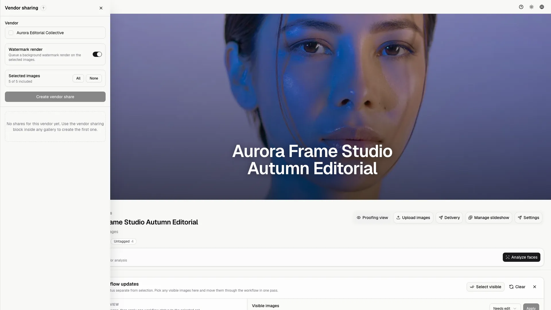 The side panel lets the studio pick vendors, choose image scope, manage watermark behavior, and refresh or revoke active shares.