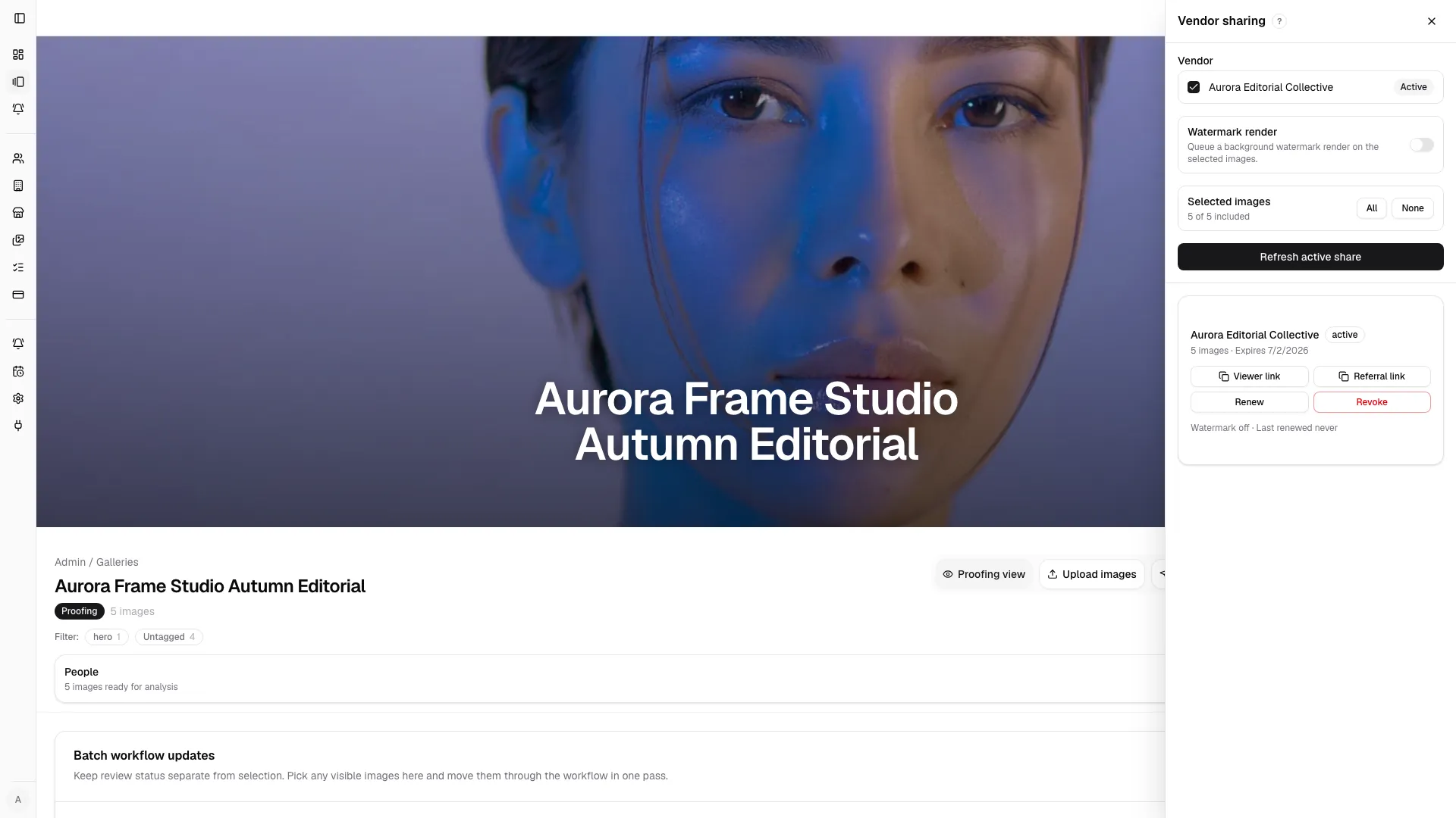 The side panel lets the studio pick vendors, choose image scope, manage watermark behavior, and refresh or revoke active shares.