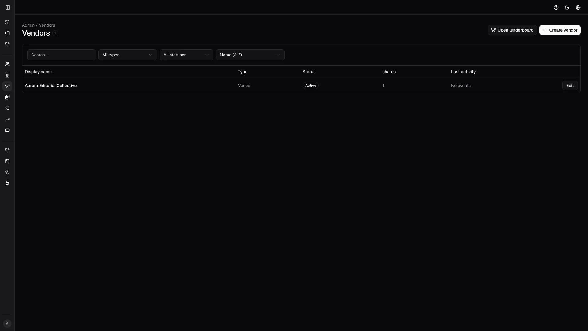 The vendor directory keeps partner records, status, and entry points to sharing actions in one operational page.
