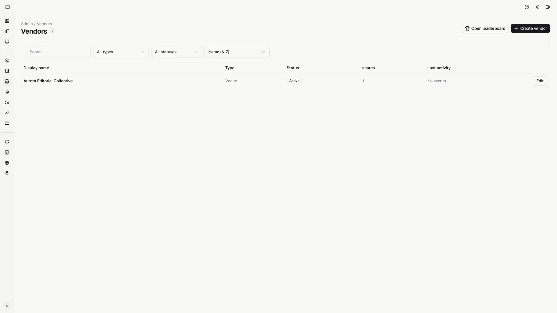 The vendor directory keeps partner records, status, and entry points to sharing actions in one operational page.