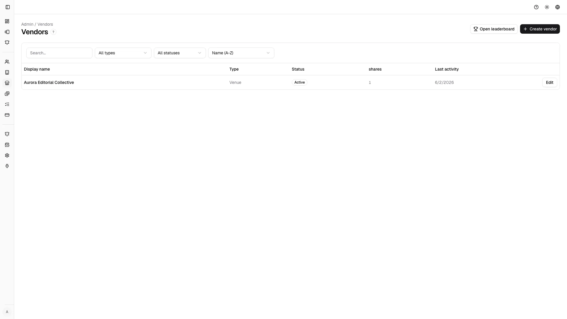The vendor directory keeps partner records, status, and entry points to sharing actions in one operational page.